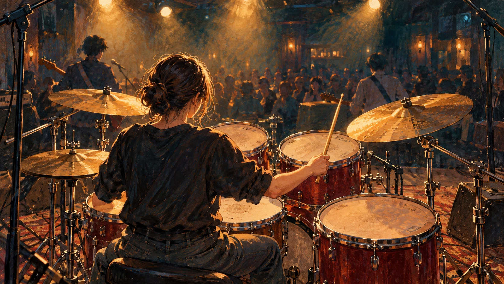 小さなライブ会場で、仲間とドラムを演奏するステージのイメージ