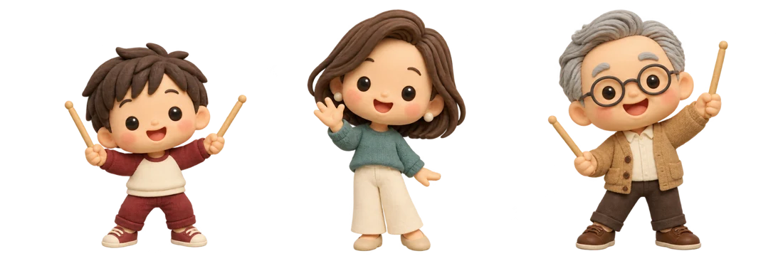 ドラムを楽しむ子ども、大人、シニアのミニチュアキャラクター